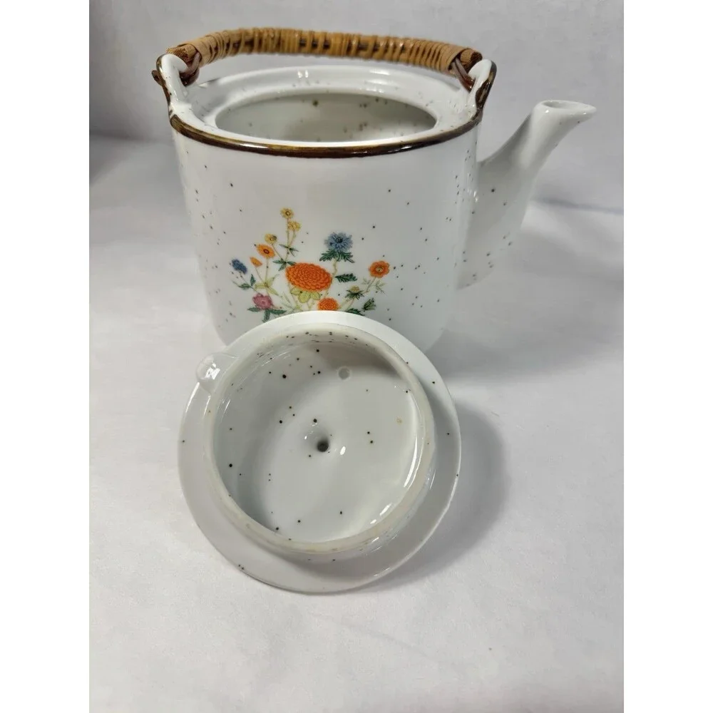 Vintage Speckled Ceramic Teapot Bamboo Handle Hand Painted Flowers Japan
